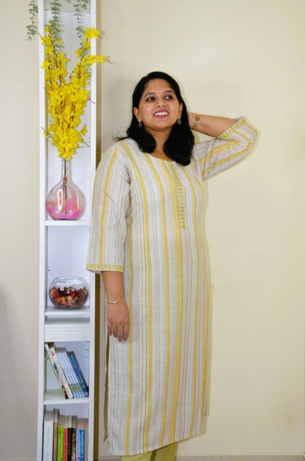 Zaveriya- Digital printed linen kurti, 2pcs set -yellow