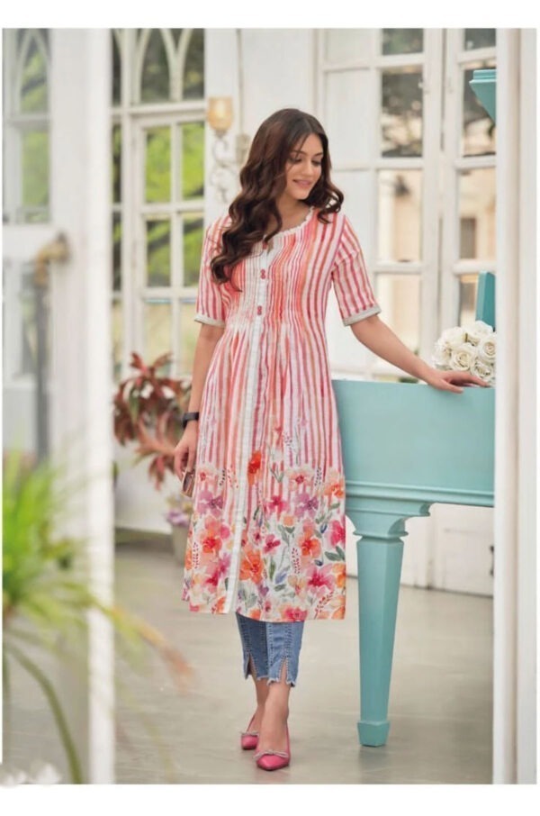 Vogue - Digital Printed  striped linen Kurti,1pcs set