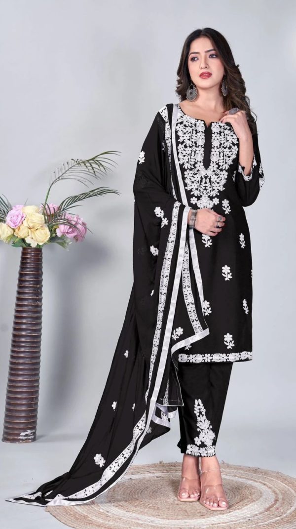 Black & White Rayon Kurti Set, 3Pcs