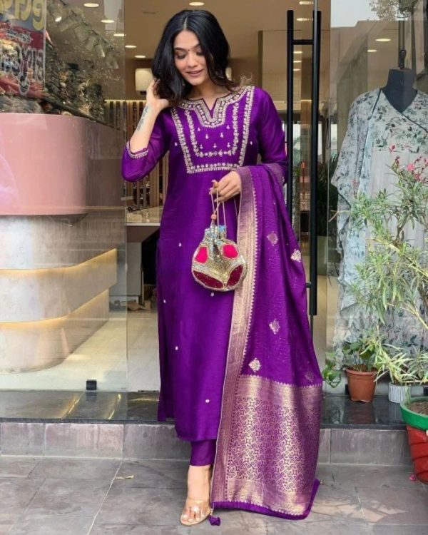 Deep Purple Chanderi viscose salwar suit