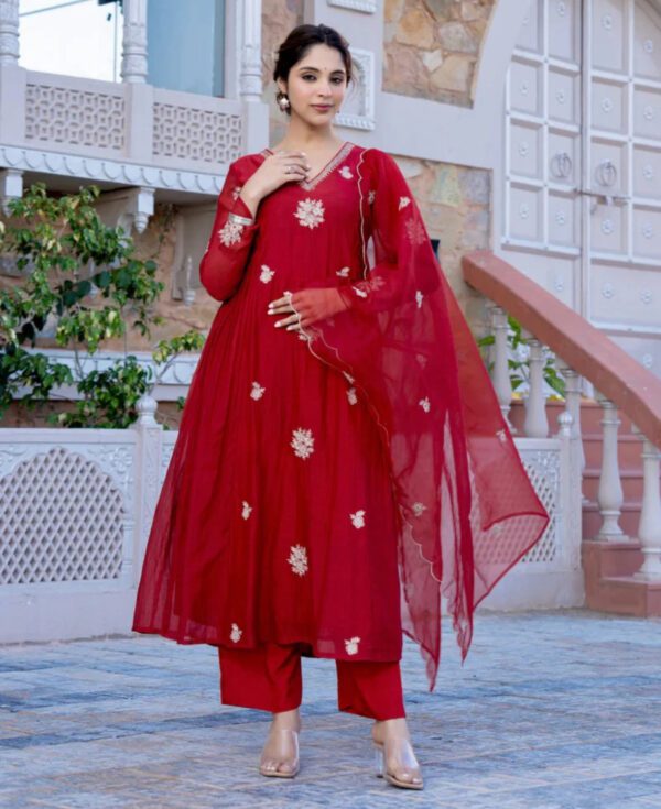 Chanderi silk Red A Line fetive
